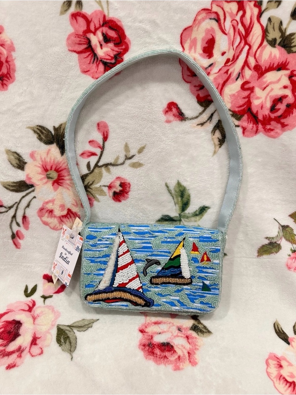 Sailboat and Dolphin Design Beaded Shoulder Bag
